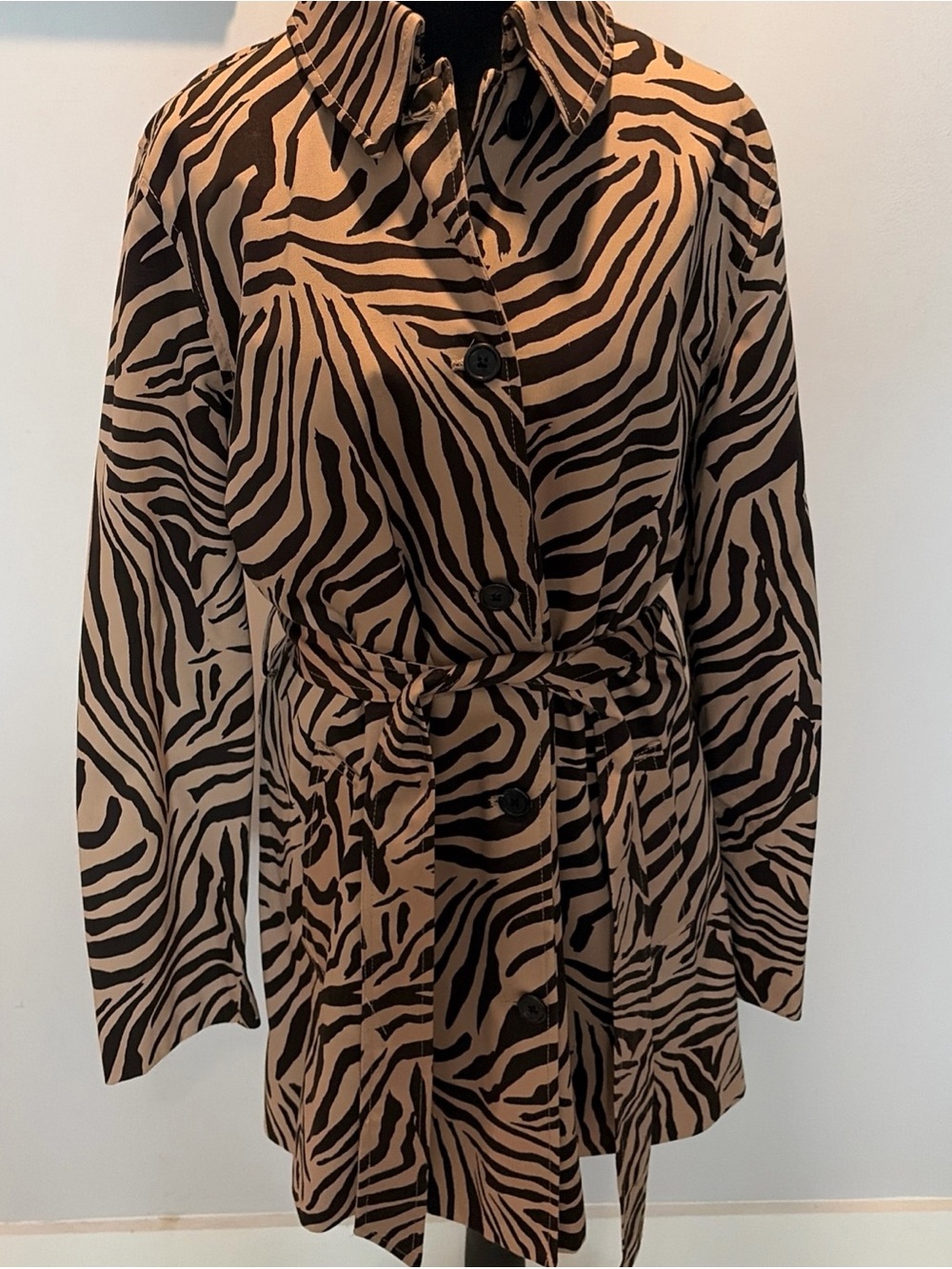 Brown Zebra Belted Trench Jacket XL Coat Cotton Mob Wife Classic animal print - Picture 2 of 13